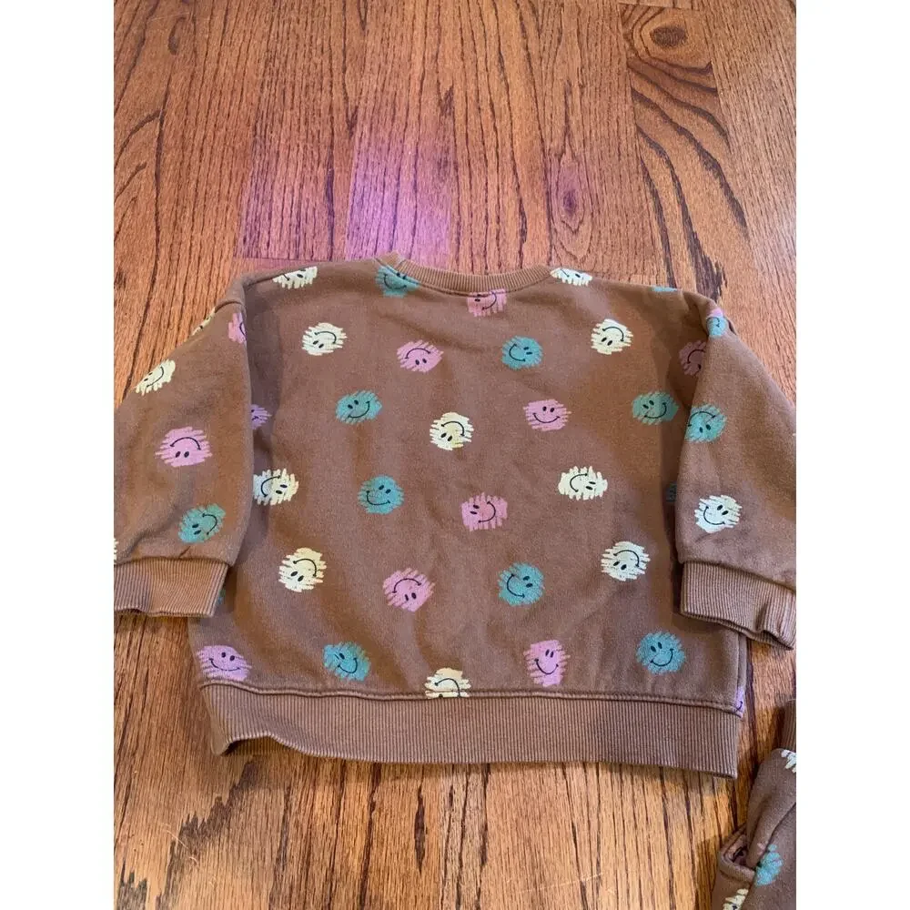 Smitn Bebe Scribble Happy Face Cotton Matching Sweatsuit Set | Brown | Small